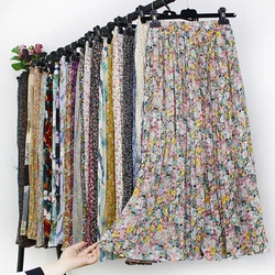 Women Summer Boho Chiffon Long Skirt Elegant Floral Print Pleated Skirts Elastic High Waist Casual Midi Skirt Women Clothes 2021