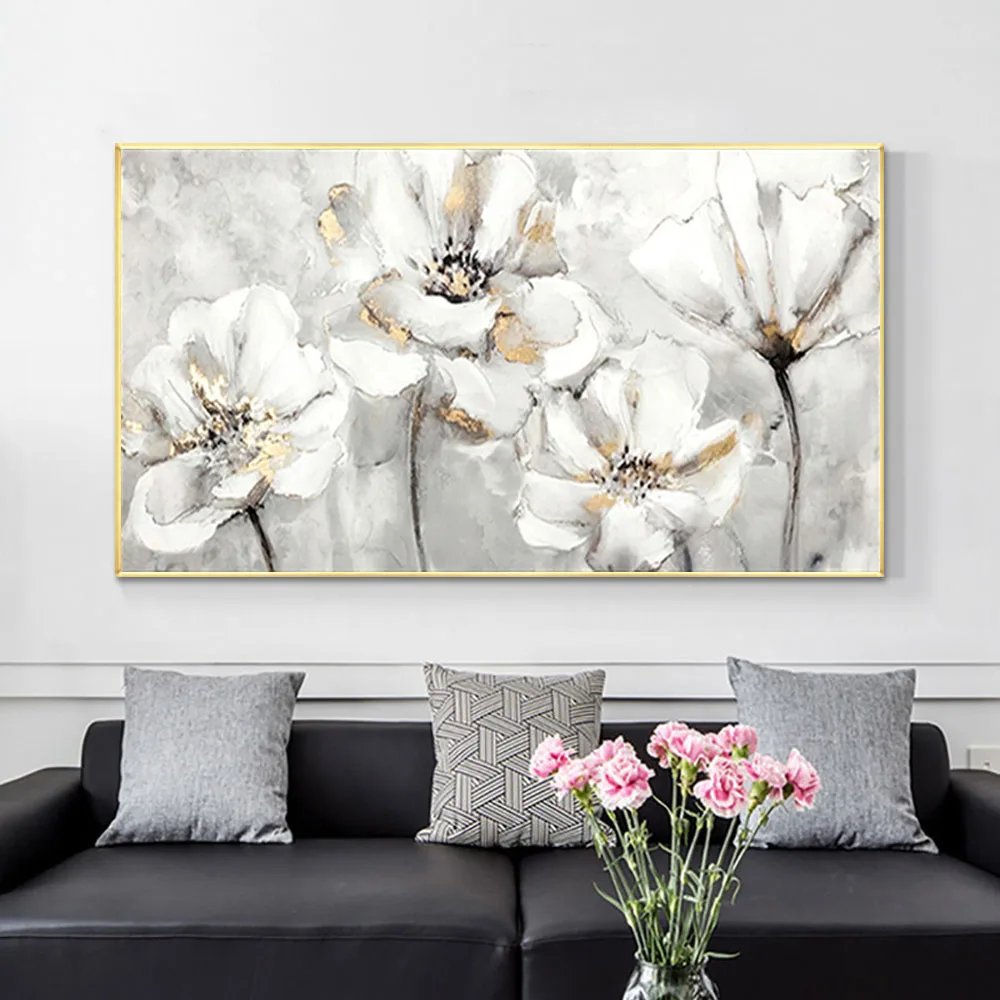 

White Flowers Canvas Poster 100% Handmade Gold Oil Painting Modern Wall Art Pictures For Home Living Room Decor Mural Artwork