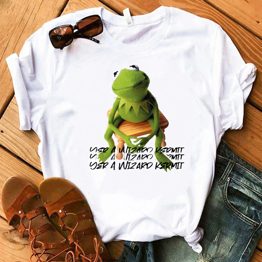 Yer A Wizard Kermit Anime T-shirt da donna con stampa divertente base casual o-collo camicia bianca T-shirt da donna manica corta, nave di lancio