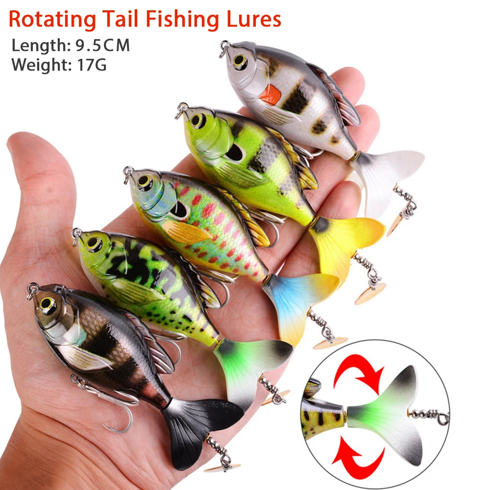 Hanlin Rotate Tail Popper Lure 9.7cm/16.6g Topwater Wobble Fishing Lures Crankbait Artificial Bait Hard Bass Pike Tackle