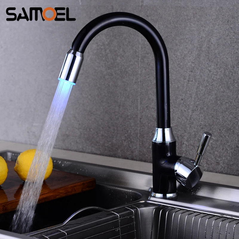 Black Led Light Tap Bathroom Kitchen Faucets Swivel Sink Temperature Sensor Color Led Mixer Tap B3276