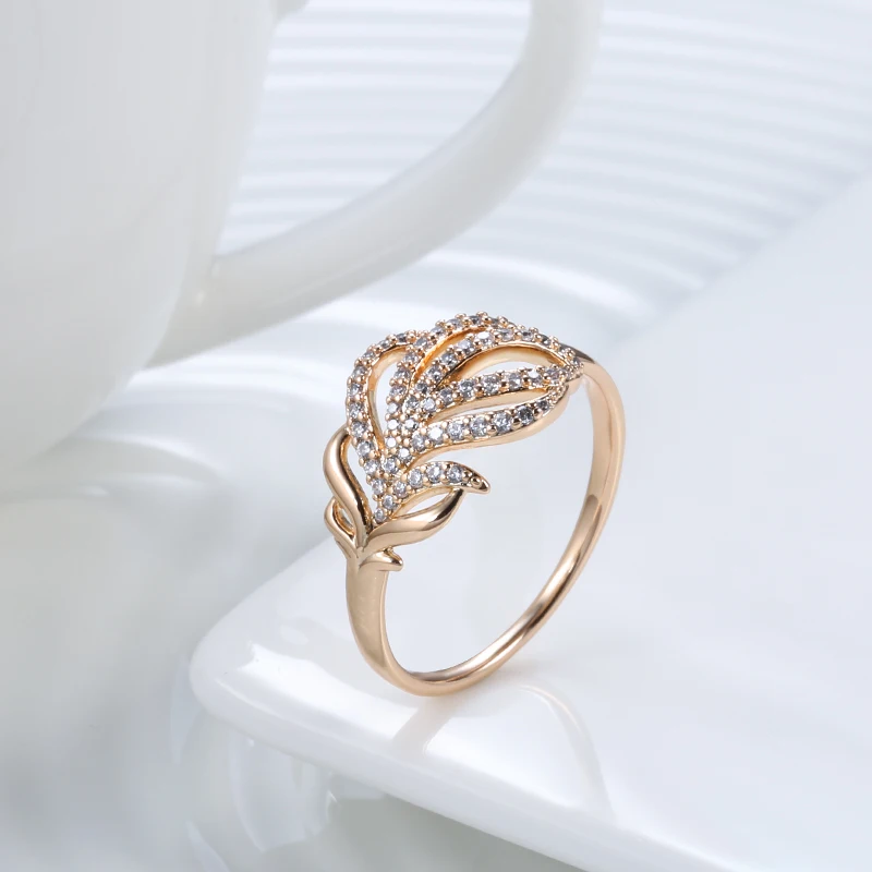 SYOUJYO Luxury Crystal Flower Fashion Rings For Women Elegant Leaf Shape Natural Zircon Rings 585 Rose Gold Color Daily Jewelry