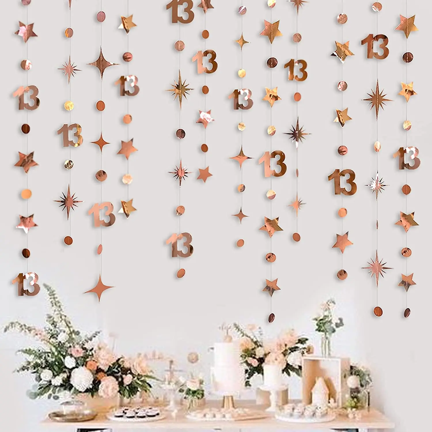 13Ft Rose Gold Girls 13th Birthday Decorations Number 13 Circle Dots Twinkle Star Garlands Backdrop for 13 Year Old Party Decor