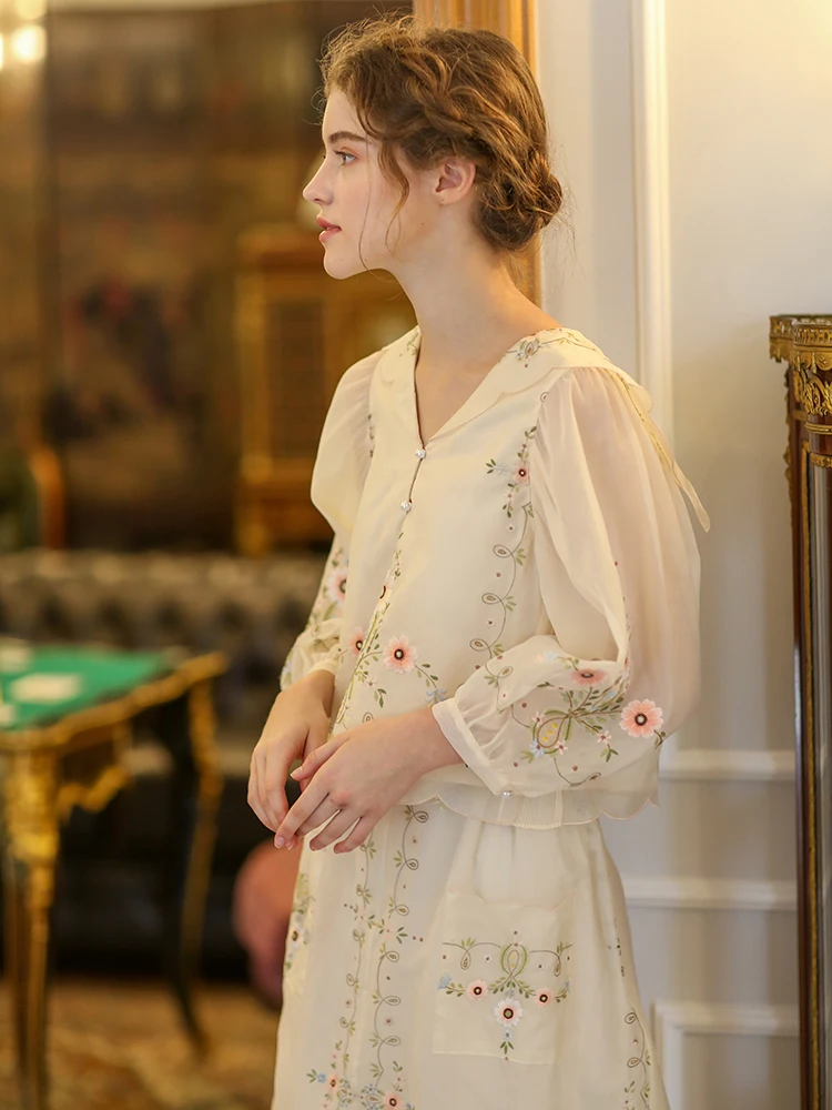 

LYNETTE'S CHINOISERIE Summer Original Design Women Mori Girls Embroidery Vintage Tailor Collar Antique Recreation Shirts/Blouses