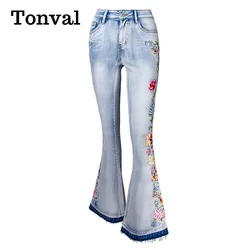 Tonval Floral Embroidered Side Elegant Skinny Flare Jeans Vintage Style Women Light Blue Frayed Hem Streetwear Jeans