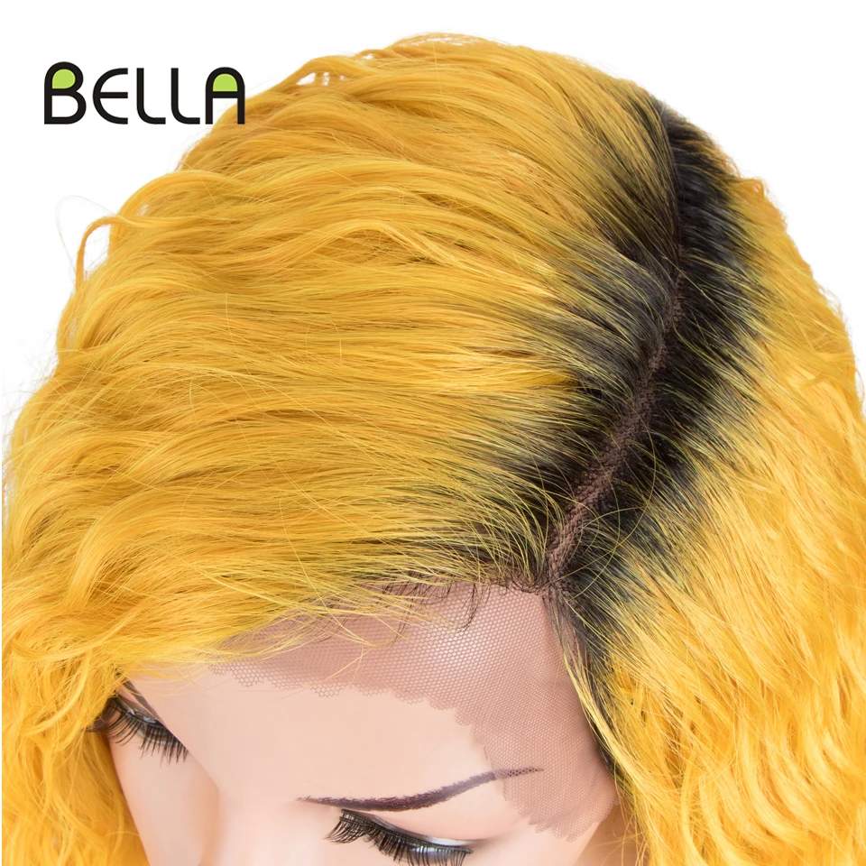 Bella Synthetic Lace Wigs Lace Short Bob Curly Hair 14 inch Yellow Cosplay Wig For Black Women Heat Resistant Fiber Lolita