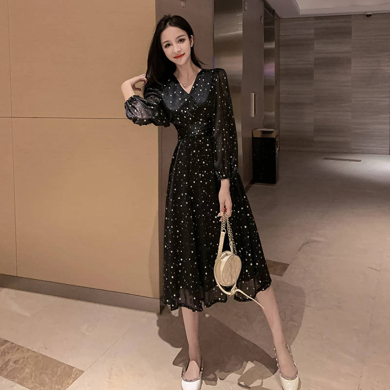 

Elegant Women Dresses Long Sleeve V-neck Long Dress Black Waist Chiffon Maxi Party Dress Loose M-4XL