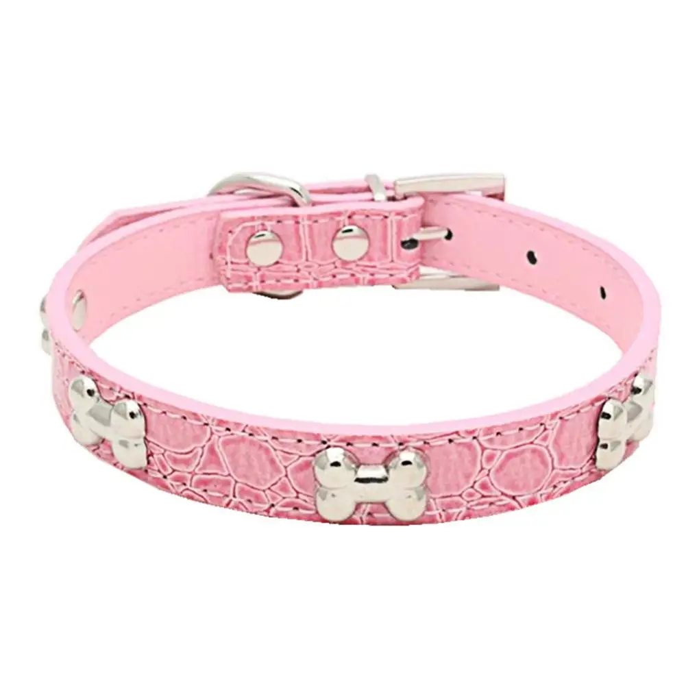 Adjustable Small Pet Dog Puppy Faux Leather Bone Collar Easy Wear Neck Strap