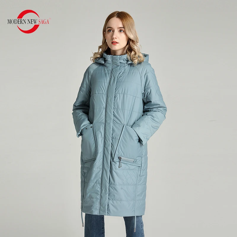 MODERN NEW SAGA Autumn Women Parka Spring Women Coat Cotton Padded Jacket Hooded Long Coat Windproof Zipper Plus Size Outerwear