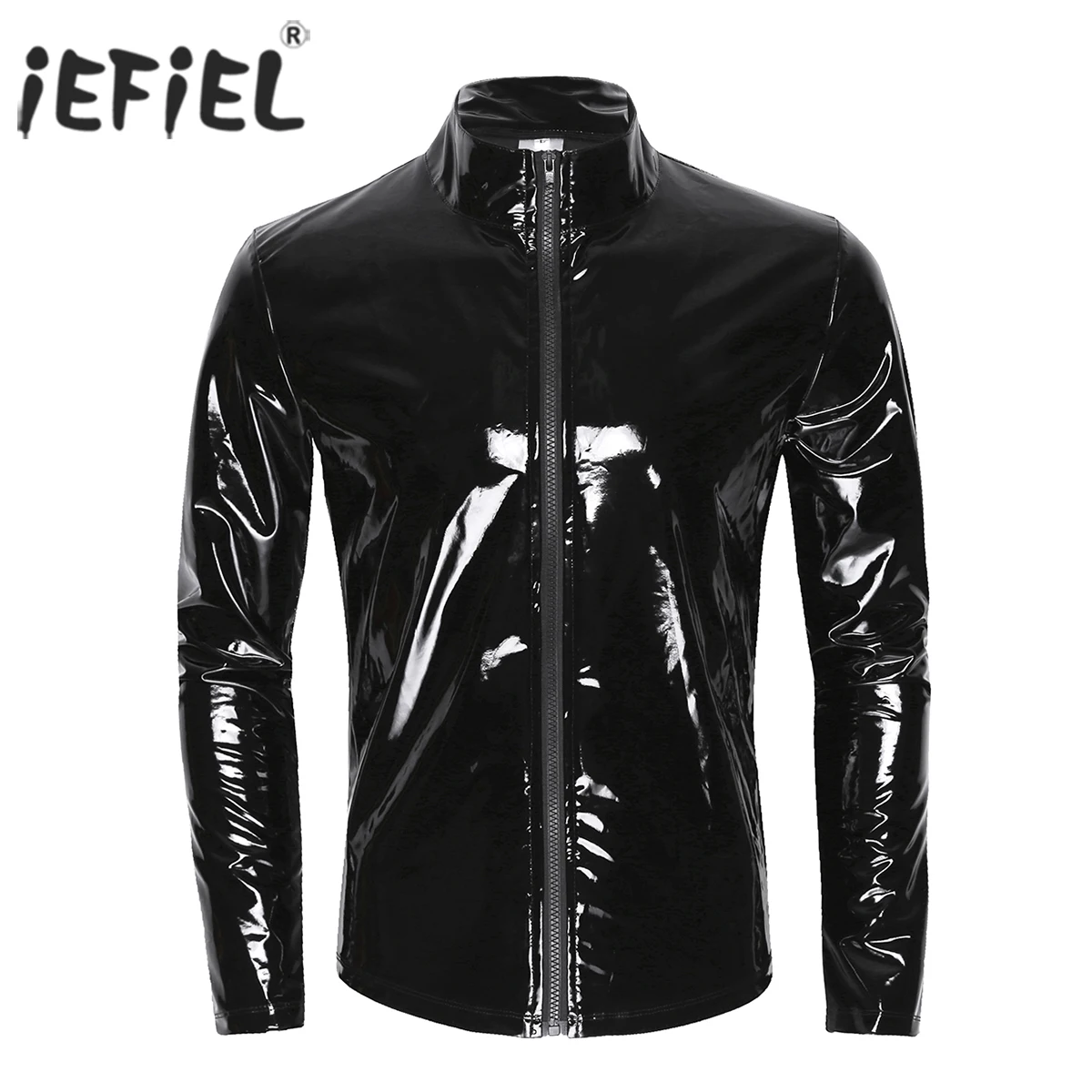 iEFiEL Men\'s Clothing Shiny Metallic Long Sleeve Front-Zip Stand Collar Tops Wet Look Nightclub Costume Party T-shirt Top Coat