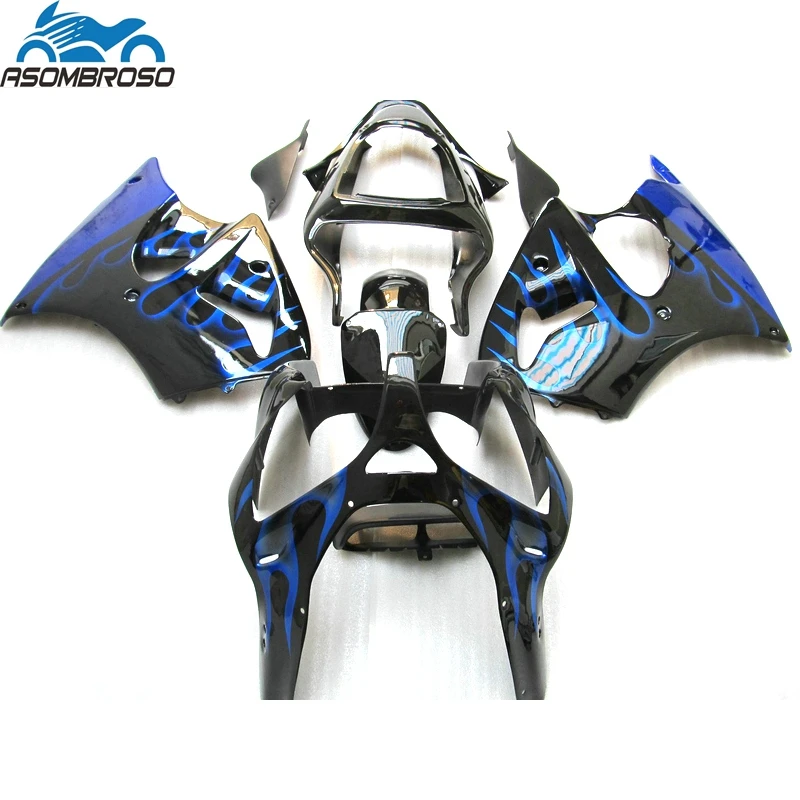

Custom Painting Motorcycle Injection for Kawasaki Ninja ZX6R fairing kit 2000 2001 2002 blue flames black set zx6r 00 01 02 YH22