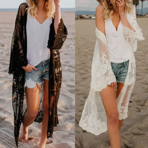 Women Chiffon Kimono Lace Loose Cardigan Bikini Cover Up Wrap Beachwear Beach Dress Beach Cover Up Pareo Robe De Plage