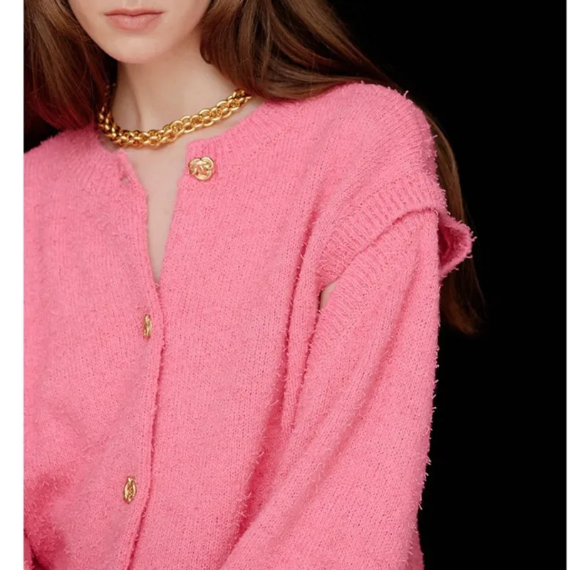 Abnehmbare Ärmel Koreanischen Stil Frauen Strickjacke Feminine Pendler Crew Neck Einreiher Damen Pullover Rosa Weiß