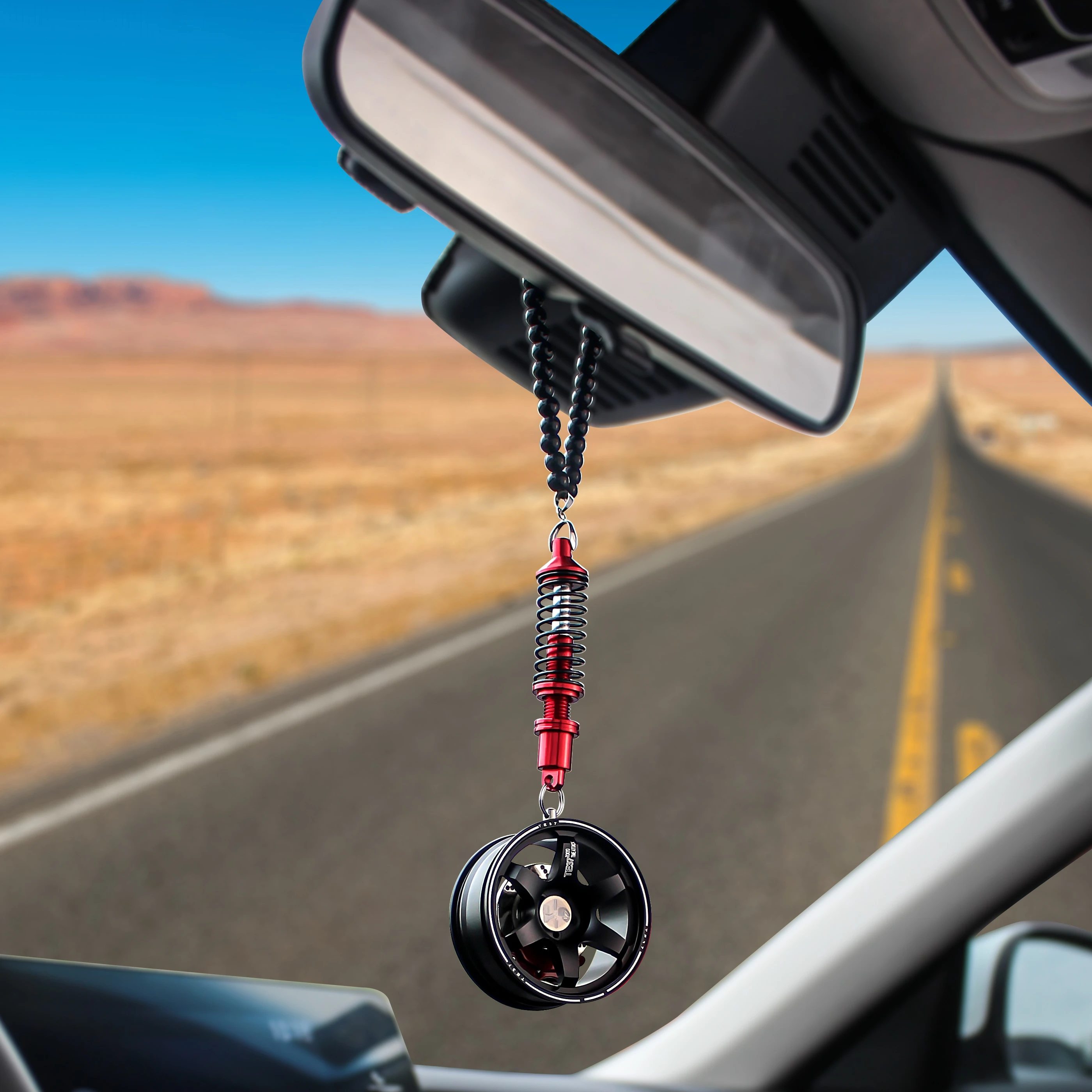 Car Styling Rearview Mirror Pendants Ornaments Aluminum Alloy Wheel Hub Rubber Tire Interior Hanging Key Chain For Rearview Car