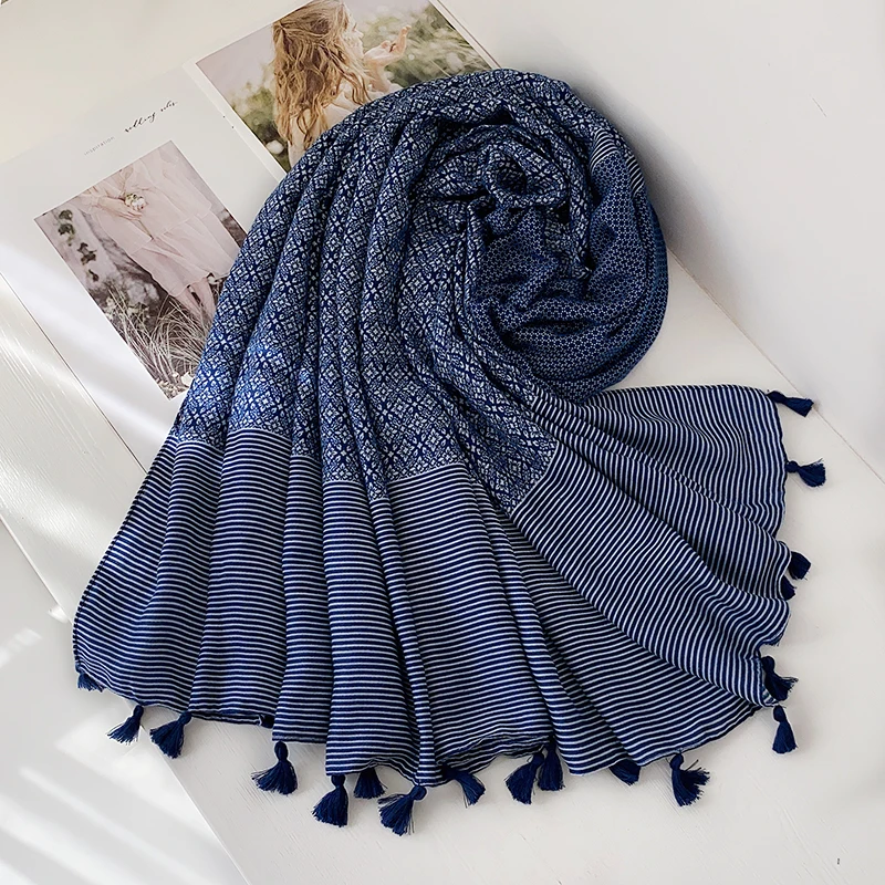 Fashion Tassel Viscose Scarf Plain Geometric Patchwork Beach Hijab Shawls and Wraps Female Foulard Echarpe Muslim Snood 180*90Cm