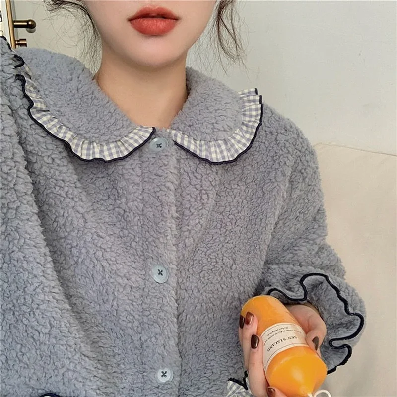 Nette Dicke Winter Plus Samt Pyjama Sets Frauen Plaid Taschen Süße Thermische Chic Flanell Gemütliche Zarte Nachtwäsche Koreanische Studenten