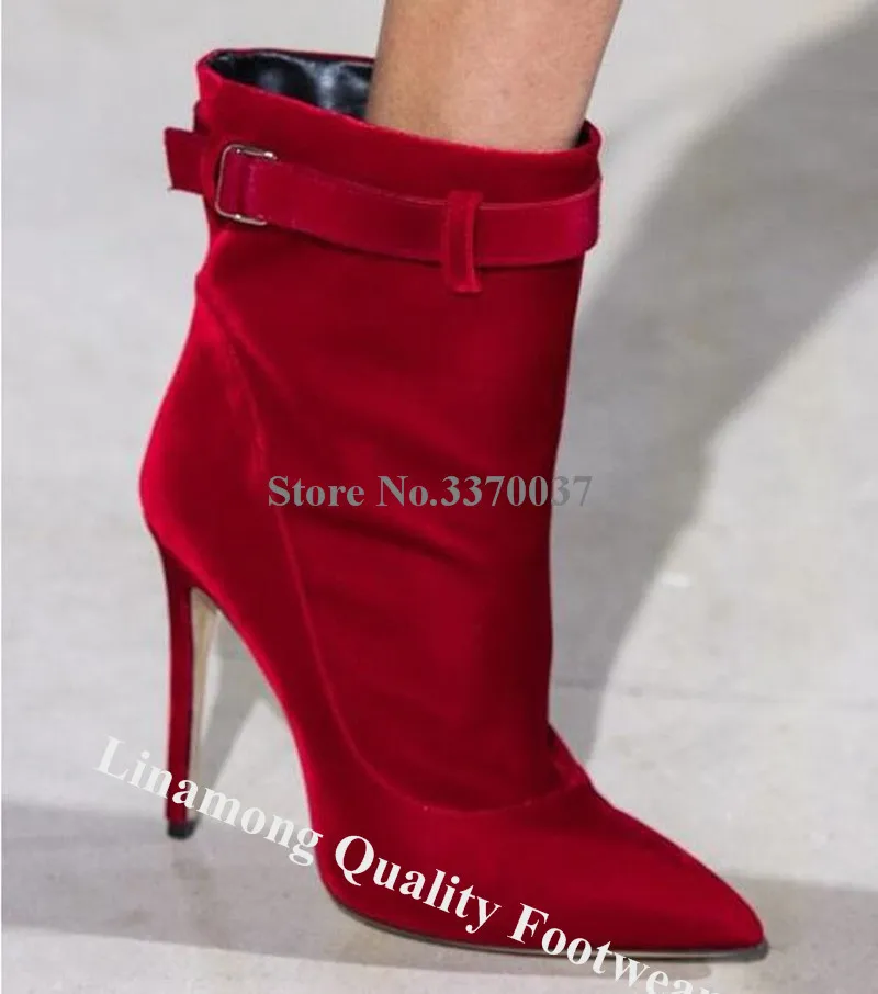 

Linamong Brand Fashion Pointed Toe Stiletto Heel Short Boots Red Black Velvet Ankle Buckle High Heel Ankle Booties Dress Heels