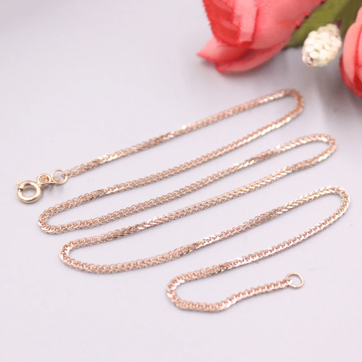 Real 18K Rose Gold Chain For Women Female 1.2mm Width Wheat Link Necklace 41cm/16inch Length Au750