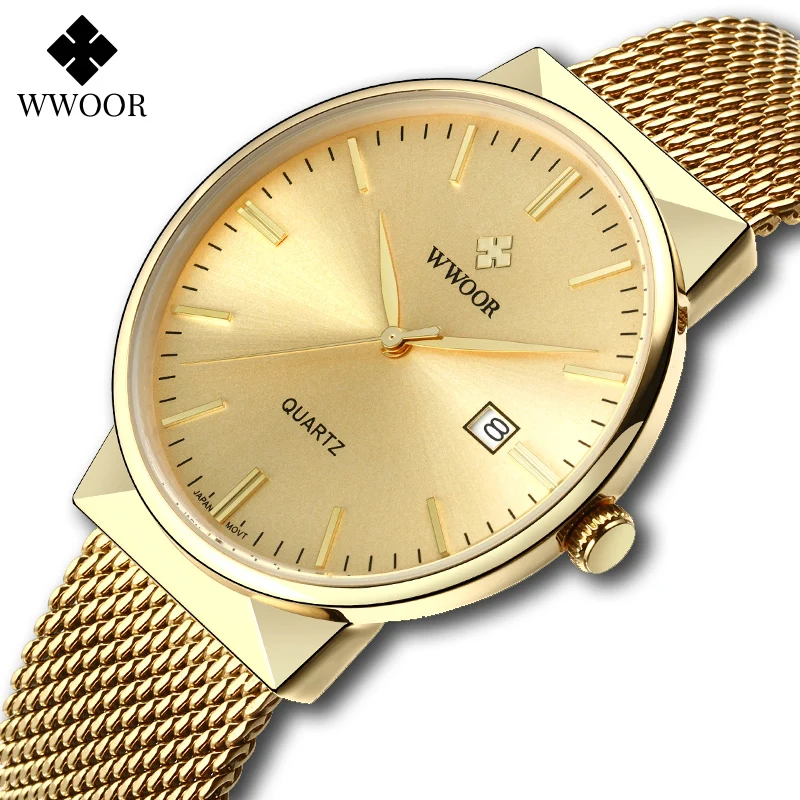 Gold Watch Men WWOOR Top Brand Famous Male Clock Steel Mesh Waterproof Watch Luxury Golden Quartz Wrist Watch Relogio Masculino