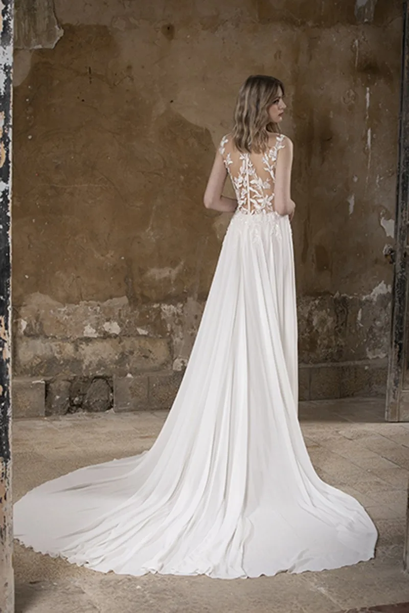 Moda Abiti Da Sposa Scollo A V In Pizzo Appliques Chiffon Abiti Da Sposa Su Misura Made Pulsante Indietro Sweep Treno UNA Linea di Abito Da Sposa