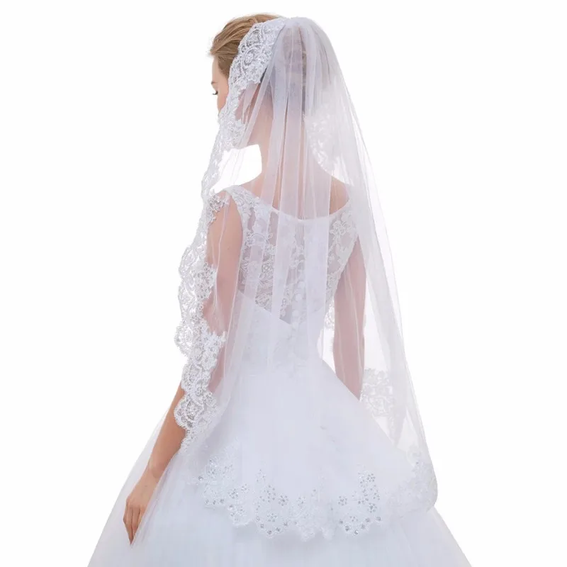 White Ivory Bling bling one Layers Applique Lace Bridal veil Wedding Veils With Comb Velos De Novia Wedding accessories