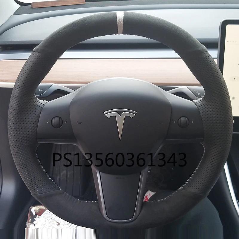 For Tesla model S model X Model 3 hand-stitched leather flip-furry steering wheel cover special