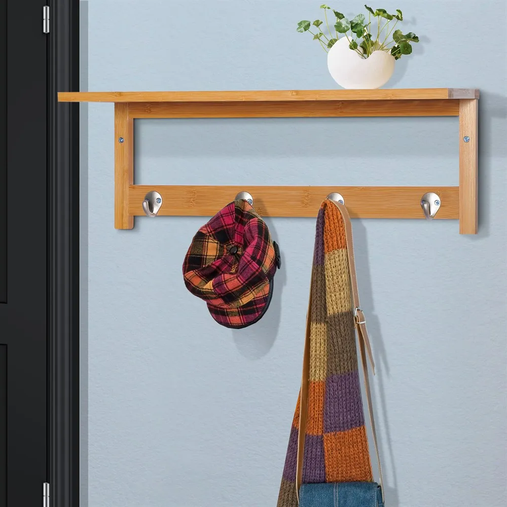 HOMCOM Perchero de Pared Bambú 4 Ganchos Estante Toallero pared 50x16x17,5cm