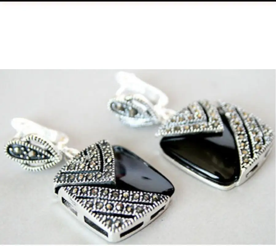 

Hot Sell Brand New High Quality Fashion Picture Vintage Style Sterling Silver 925 BLACK ONYX Marcasite Square Drop Earring