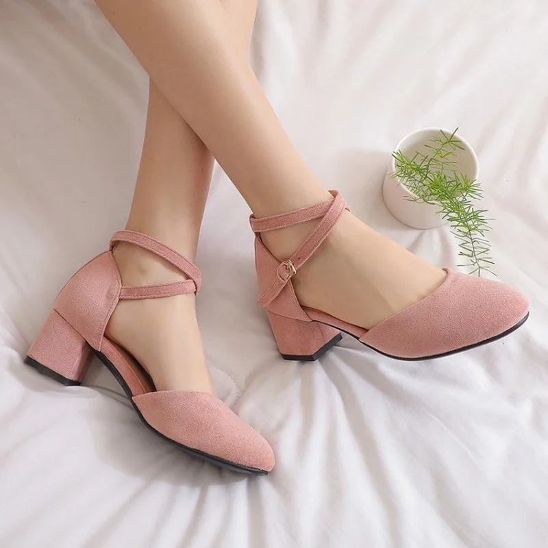 

FXYCMMCQ 2021 New Round Toe Midheel Leather Suede Sandals Cute Elegant Style High Heels for Girls 8-27