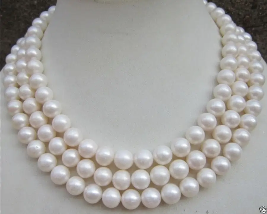 3 rows elegant 9-10mm south sea round white pearl necklace 18