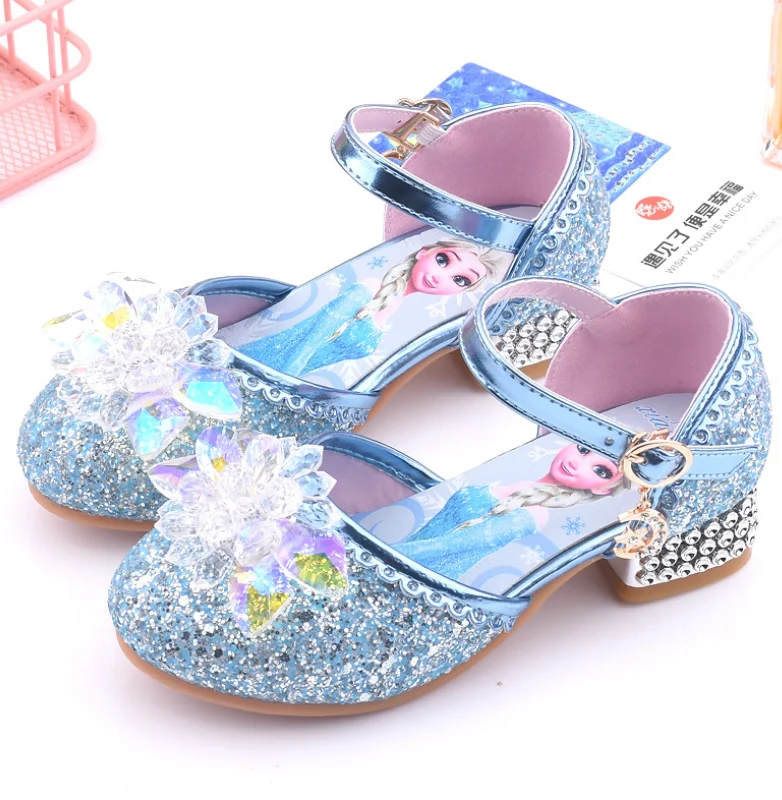 Sandales de princesse Disney la reine des neiges pour filles, chaussures de princesse en cuir souple, en cristal, à la mode