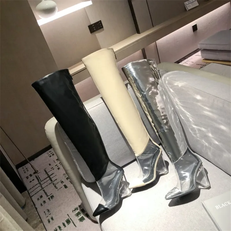 MStacchi Women Winter Transparent Over The Knee Boots Woman Pointed Toe 12CM Crystal High Heel Pump Fashion Silver Ladies Boots