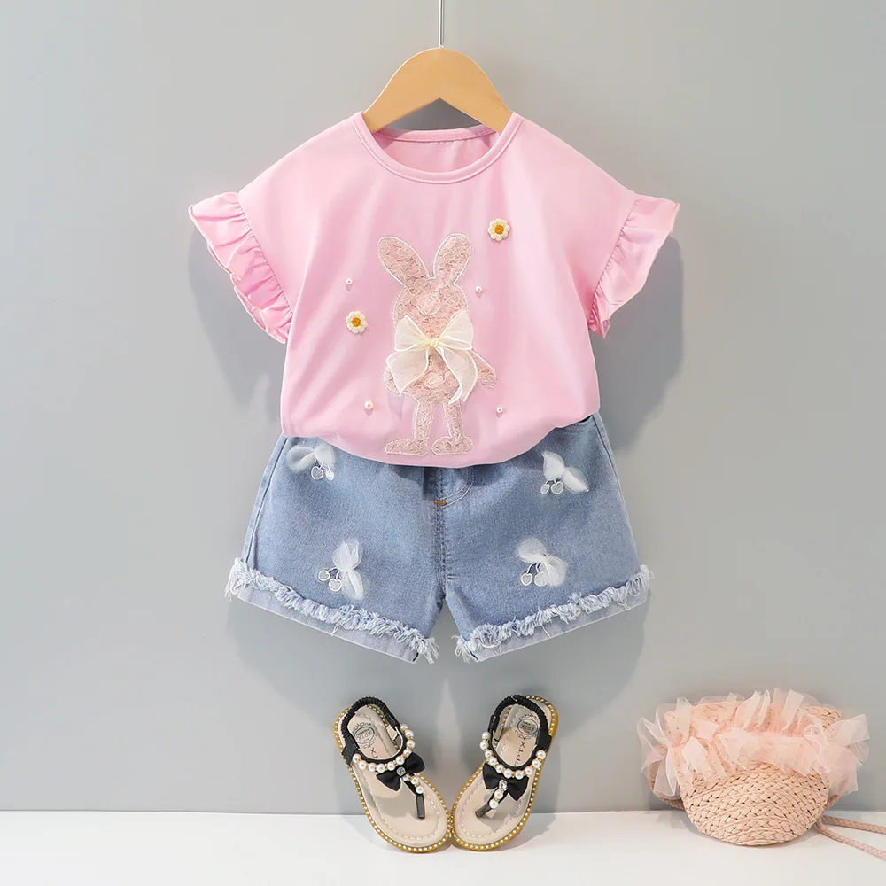 2021 New Girls Clothing Set Short Sleeve Summer Cotton Rabbit T-shirt+Pants 2Pcs Suit Toddler Children\'s Clothes 1 2 3 4 Years