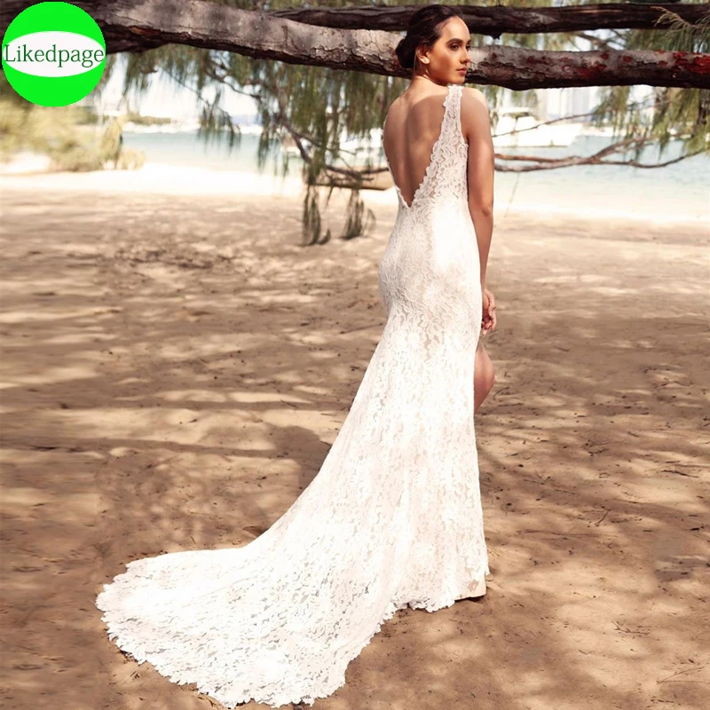 Mermaid งานแต่งงานเซ็กซี่ Vestidos De Novia Beach Deep V คอด้านข้างแยกลูกไม้ Appliques Backless Gorgeous Boda ชุดเจ้าสาว2021