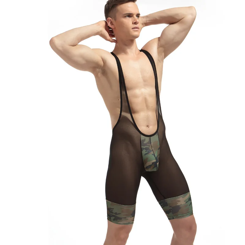 New Men's Bodysuit Fitness Wrestling Suit Sports Training Tights Black Soft Camouflage Mesh Sexy Lingerie Ultra-thin Swimwear
