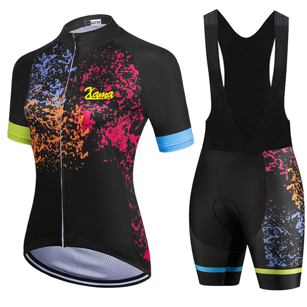 XAMA Pro Team Bib Sets Women's Black Cycling Jersey Two Piece Bicycle Short Sleeve Macaquinho Ciclismo Feminino Gel Pad Summer