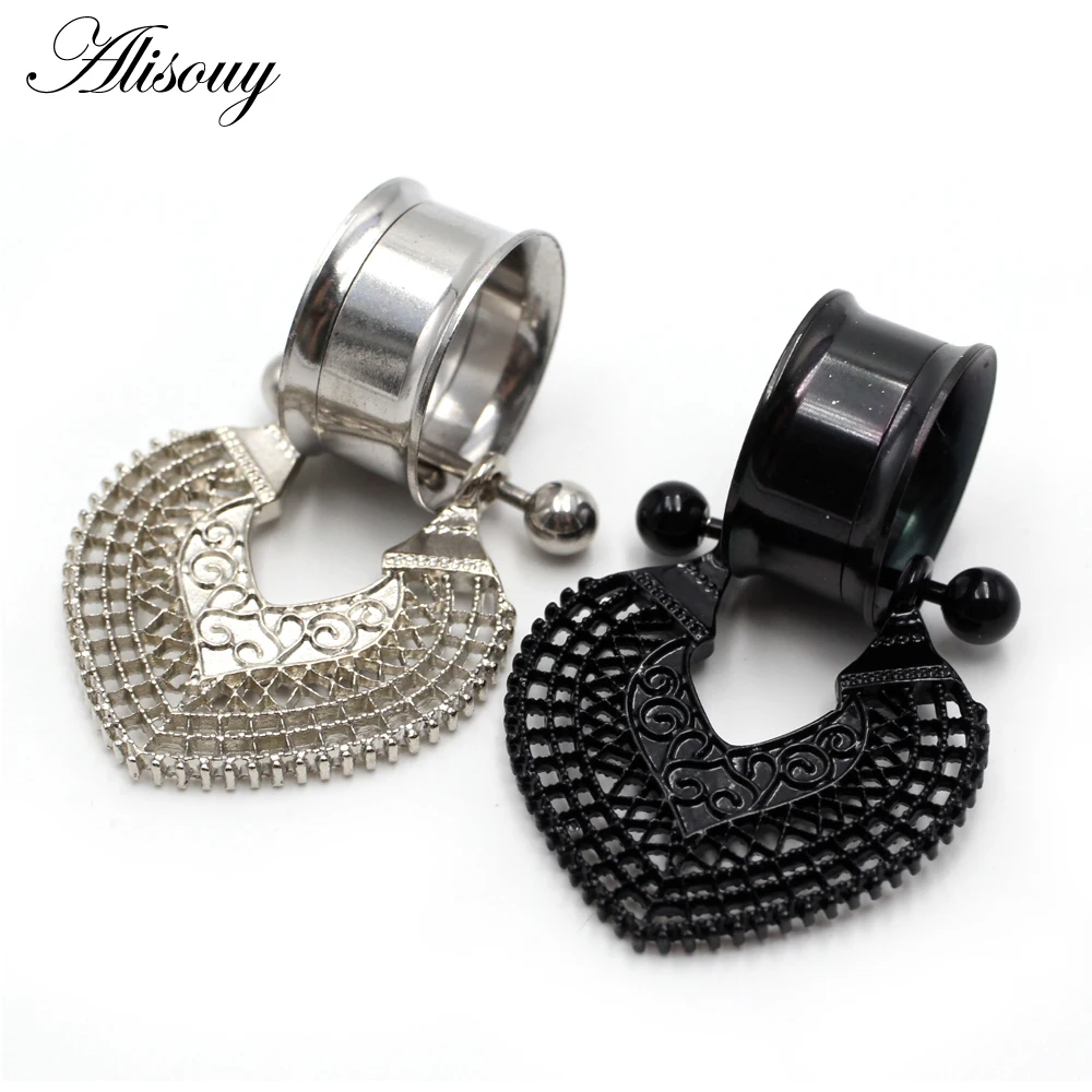 Alisouy 2pcs Stainless Steel Heart Flower Dangle Double Flare Flesh Ear Gauge Plug Tunnel Expander Stretcher  Piercing Jewelry