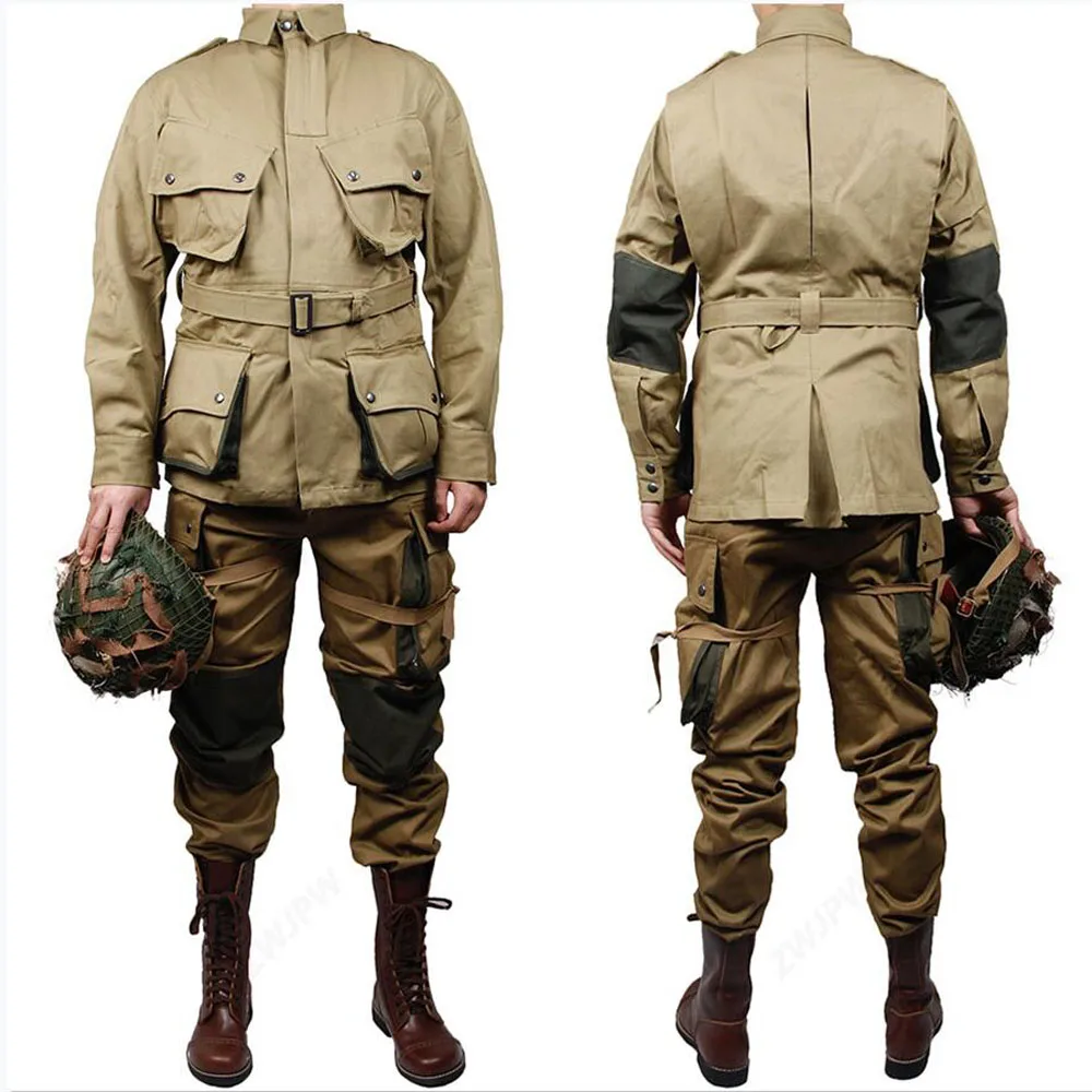 WWII US Airborne M1942 Jacket American Solider Paratrooper Repro Army D-Day Uniform Jacket Top and Pants Trousers