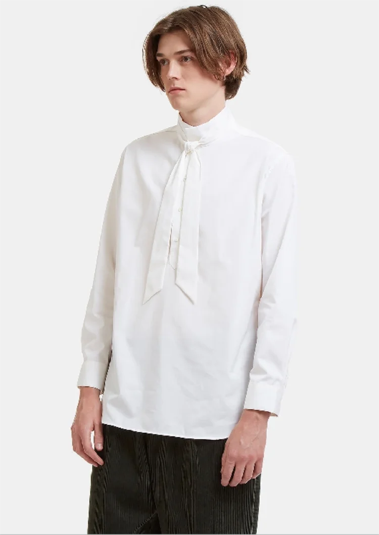 Men's Long-Sleeve Shirt Spring And Autumn New Standing Collar Pure Color Bow Tie Loose Long-Sleeve Shirt Fashion Large Size