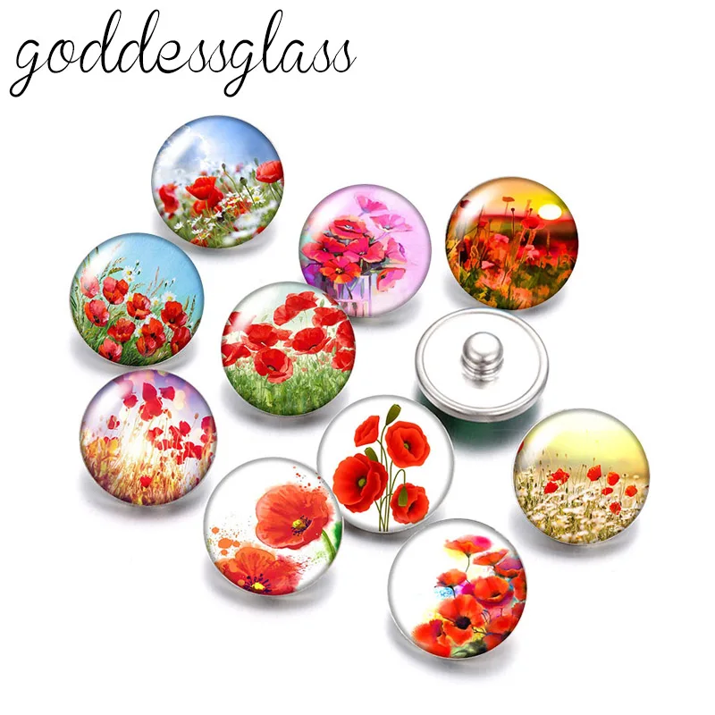 

New Beauty Poppy Flowers Papaver rhoeas 10pcs Round photo 18mm snap buttons for 18mm snap necklace DIY findings jewelry