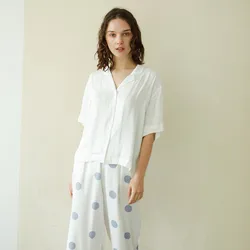 Summer Casual 100% Viscose Women's White Short Sleeve Pajama Sets Blue Dot Ankle-Length Pants Loose Comfortable Sleepwear Suits