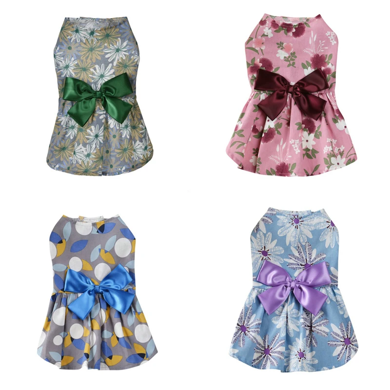 Summer Dog Dresses Cotton Flower Patterns Dogs Skirt Dress Pet Princess Dress Cute Pet Clothes With Bow-knot XS/S/M/L/XL #1