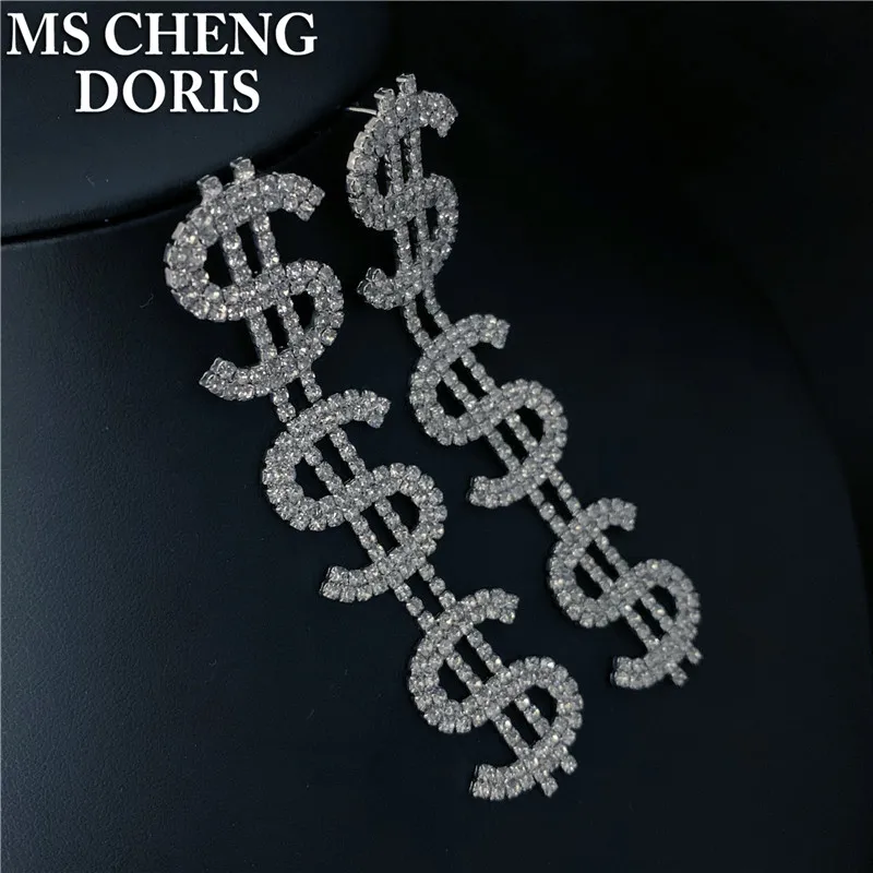 New Dollar $ Letter Fashion Rhinestone Letter Drop Earrings For Women Shiny Crystal Money Sign Dangle Earrings Jewelry Gift
