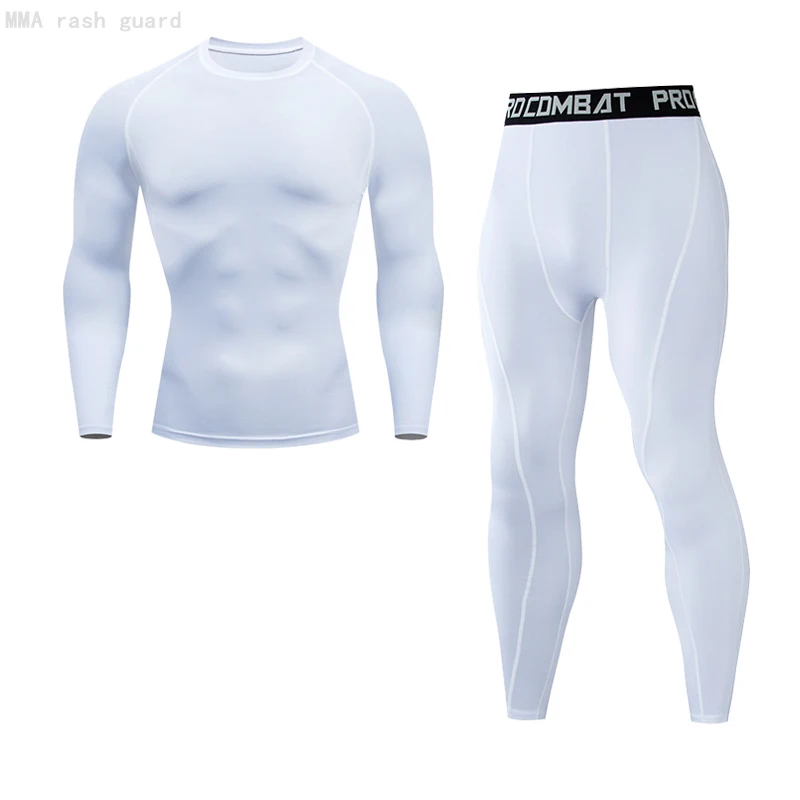 Compression Shirt White Mens Gym Running T-s hirt Quick dry Rashgarda MMA Long sleeves Jogging 2 piece fitness Set 4XL