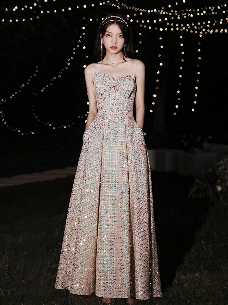 Pretty Bow-knot Strapless Prom Party Gown Light Luxury Sequined Long Princess Banquet Dress Women A-Line Slim Evening Dress