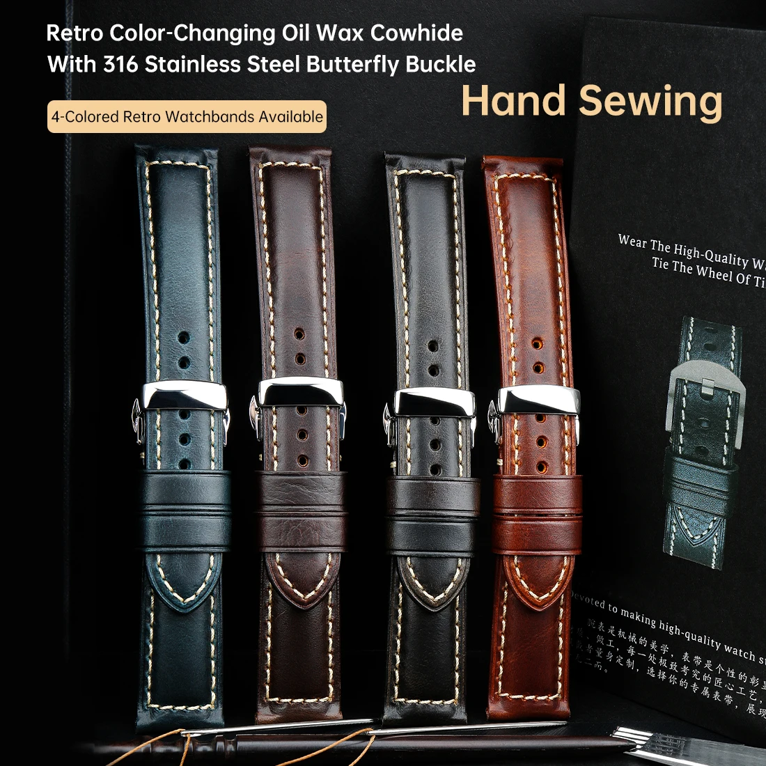 Handmade Italian Vintage Genuine Leather Watch Band 20mm 22mm 24mm Strap Brown Black Blue For Panerai HUAWEI Men Women Watchband