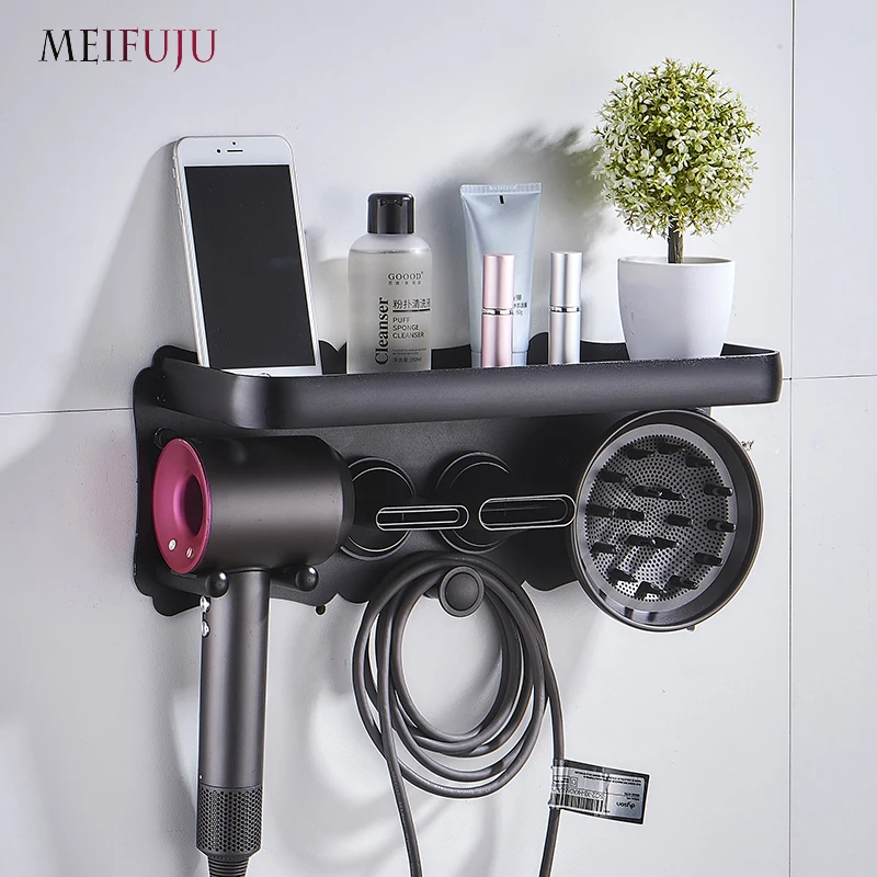 Black Hairdryer Holder Bathroom Shelves Wall Mount Storgae Rack Bathroom Shelf for Dyson Supersonic Hair dryer Holder Silvery