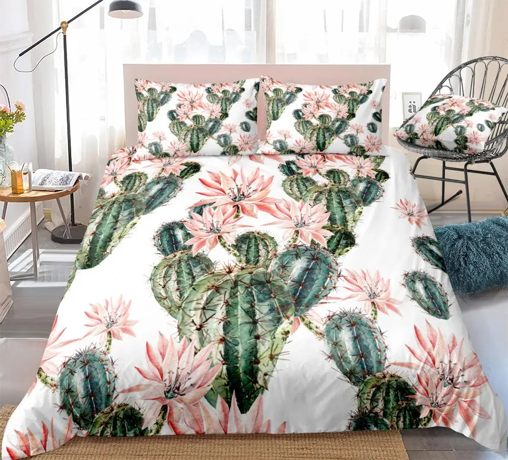 3PCS Cactus Duvet Cover with Pillowcase Flower Bedding Set Tropical Quilt Cover Home Textiles King Floral Dropship Red Teens