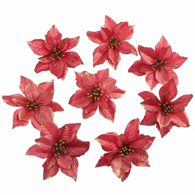 13cm Artificial Poinsettia Christmas Flower Decorations Silk Faux Bloom Berries Flower Christmas Tree Hang Flower Ornament Decor