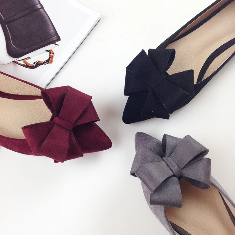 2022 Autumn New Bow Pointed Toe Flat Shoes Women Wedding Shoes Flock Leather Big Bowknot Solid Color Plus Small Size 33 34 43 44